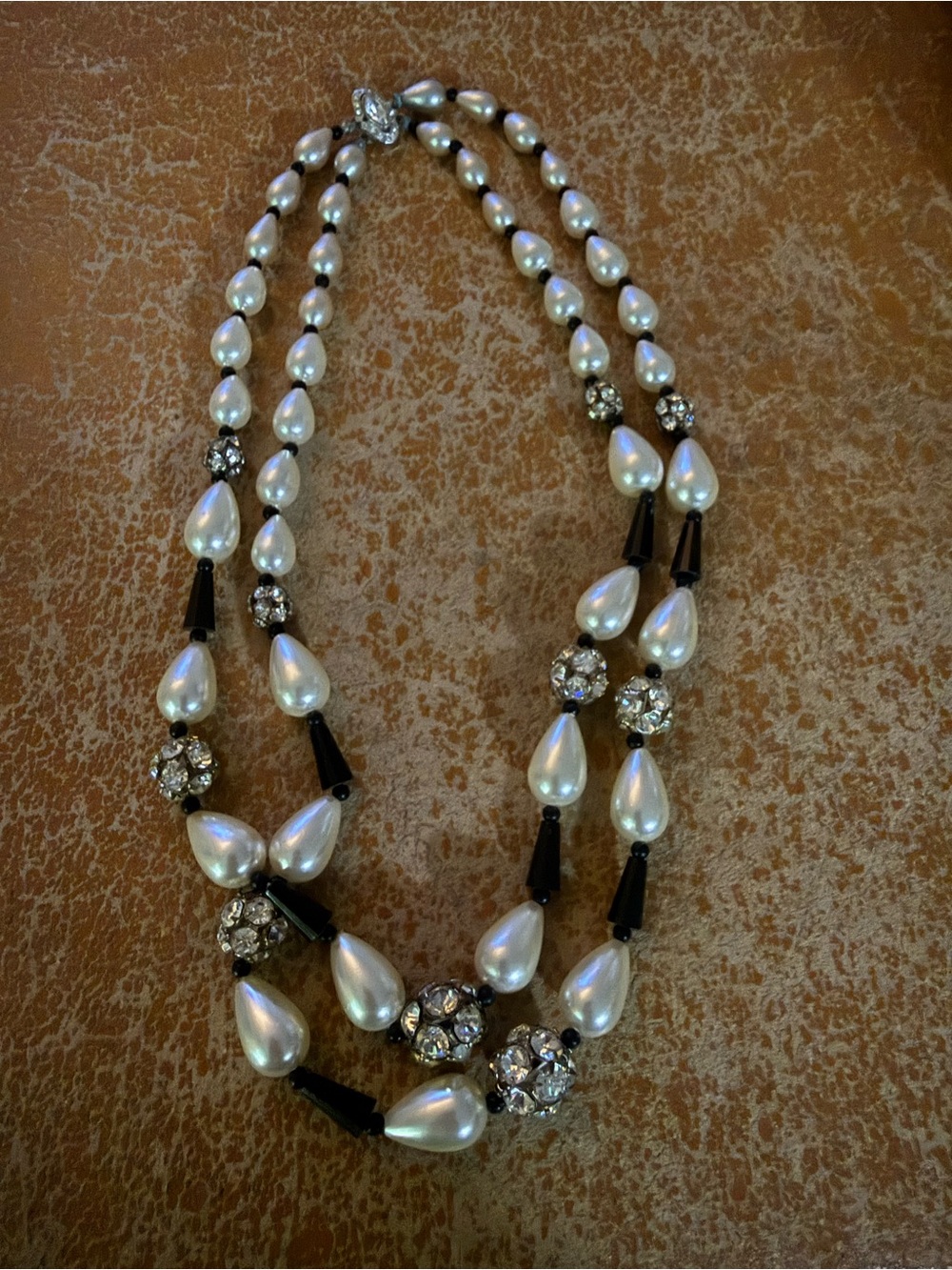 Elegant White Pearl and Black Bead Double-Strand Necklace